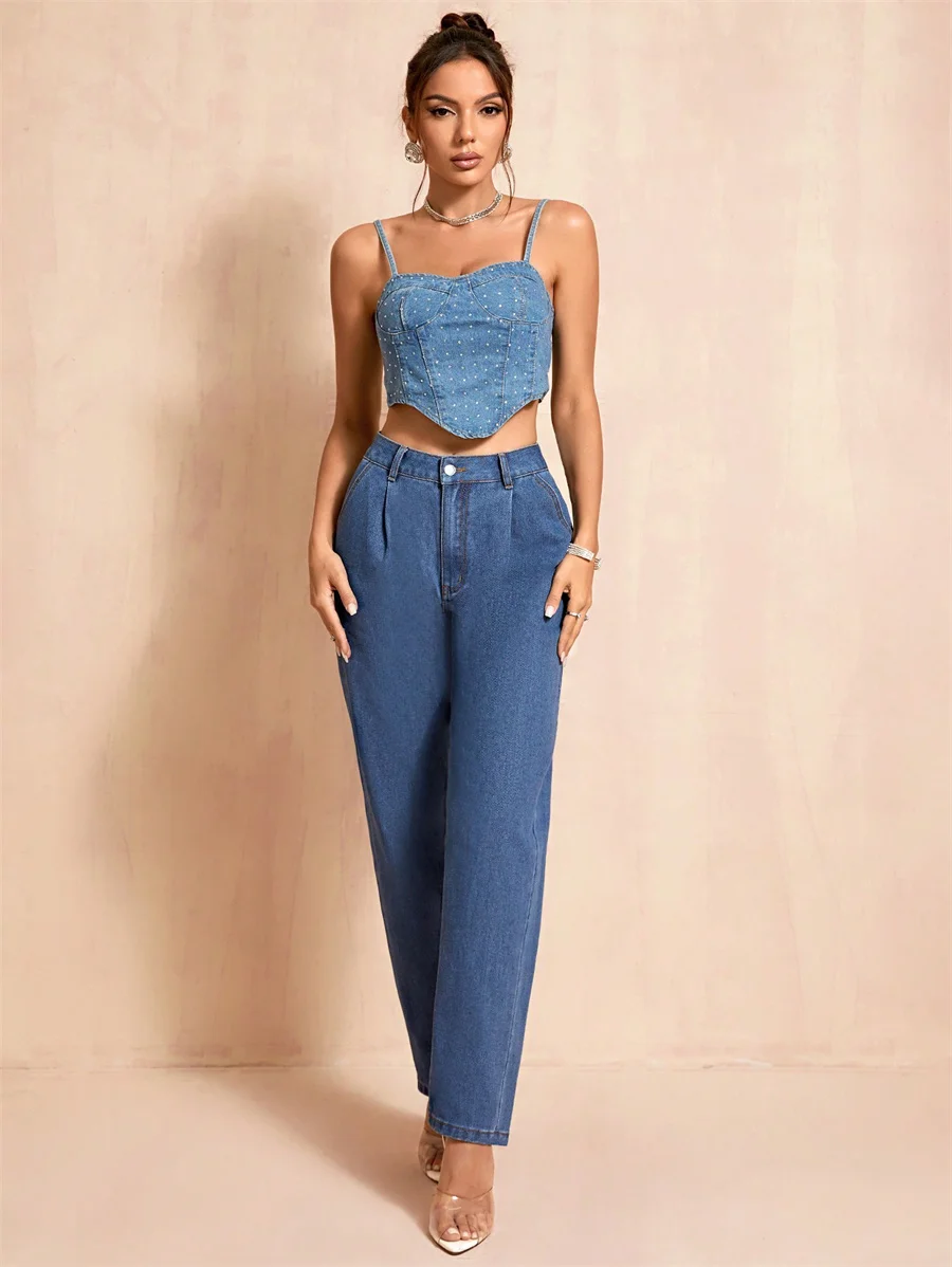 Benuynffy neue Damen Vintage hoch taillierte blau gewaschene Jeans hose lässige Mode taschen klassische Baggy Straight Leg Jeans