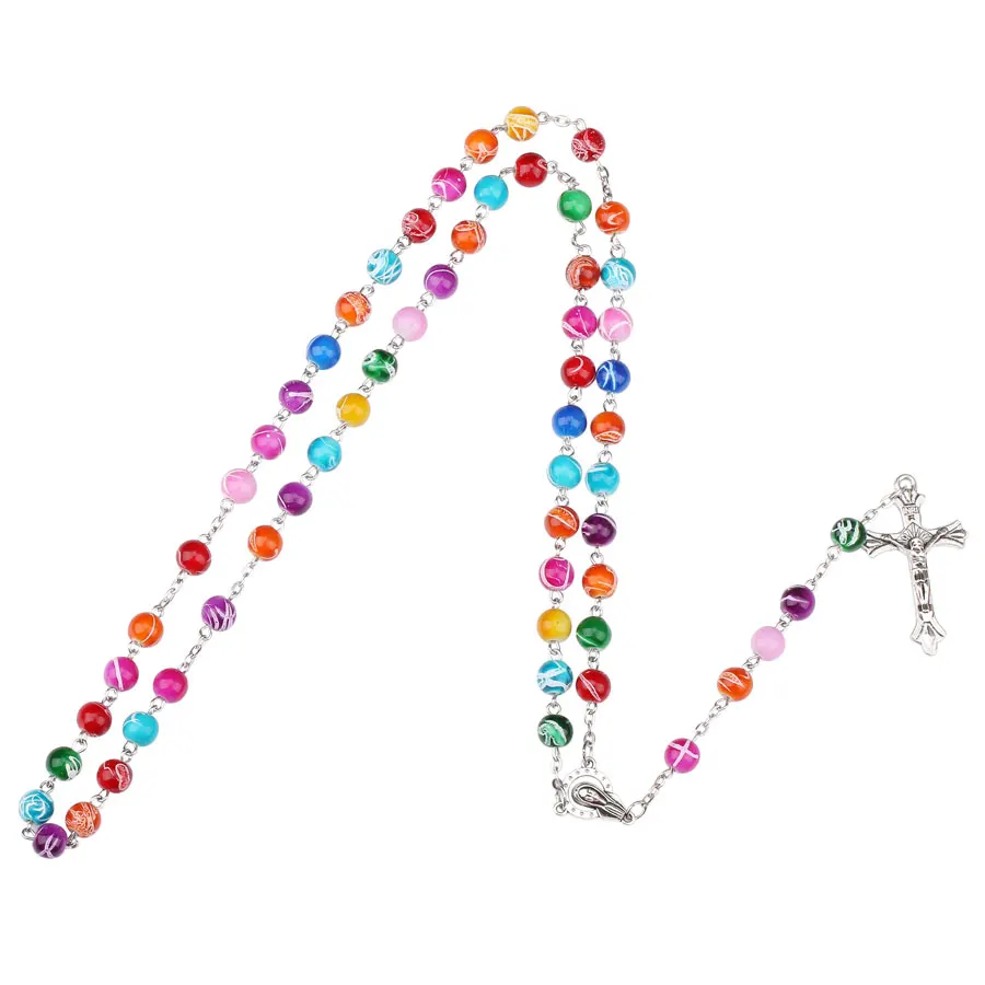 8MM Acrylic Prayer Bead Necklace For Women Crucifix Cross INRI Pendant Long Chain Girls Religion Christian Rosary Jewelry