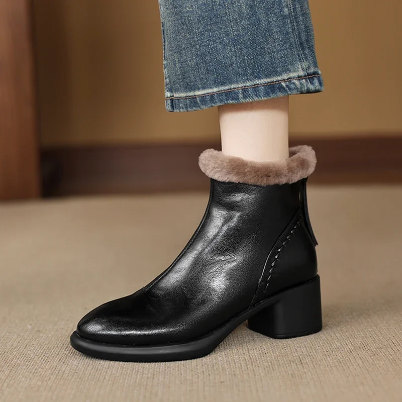 2026 new autumn winter women ankle boots natural leather plus size 22-25cm split leather+wool thick heel back zip short boots