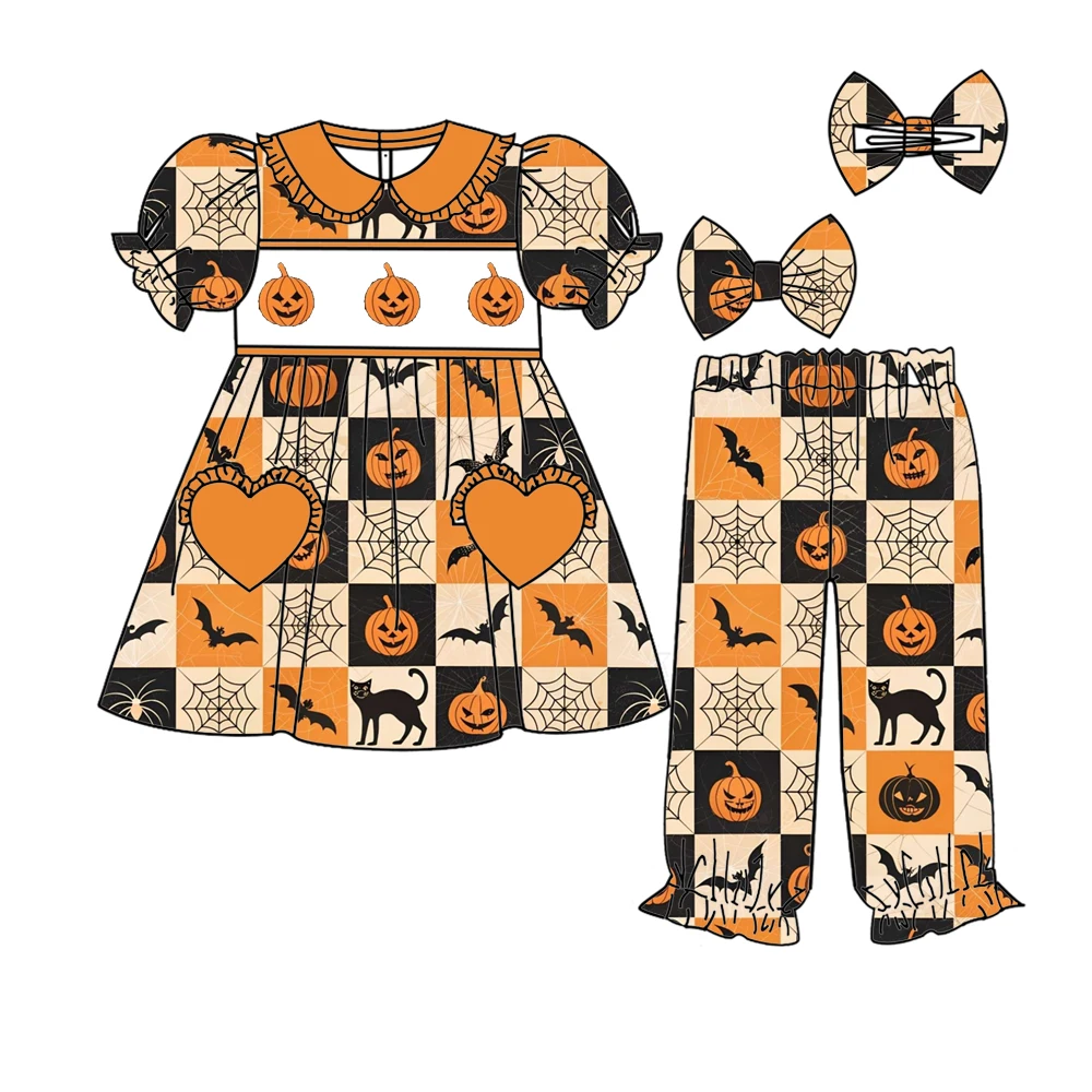 New Girls Thanksgiving and Halloween Outfit Peter Pan Collar Puff Sleeve Top Ruffle Pants With Hair Clip Pumpkin Ghost Bat Print