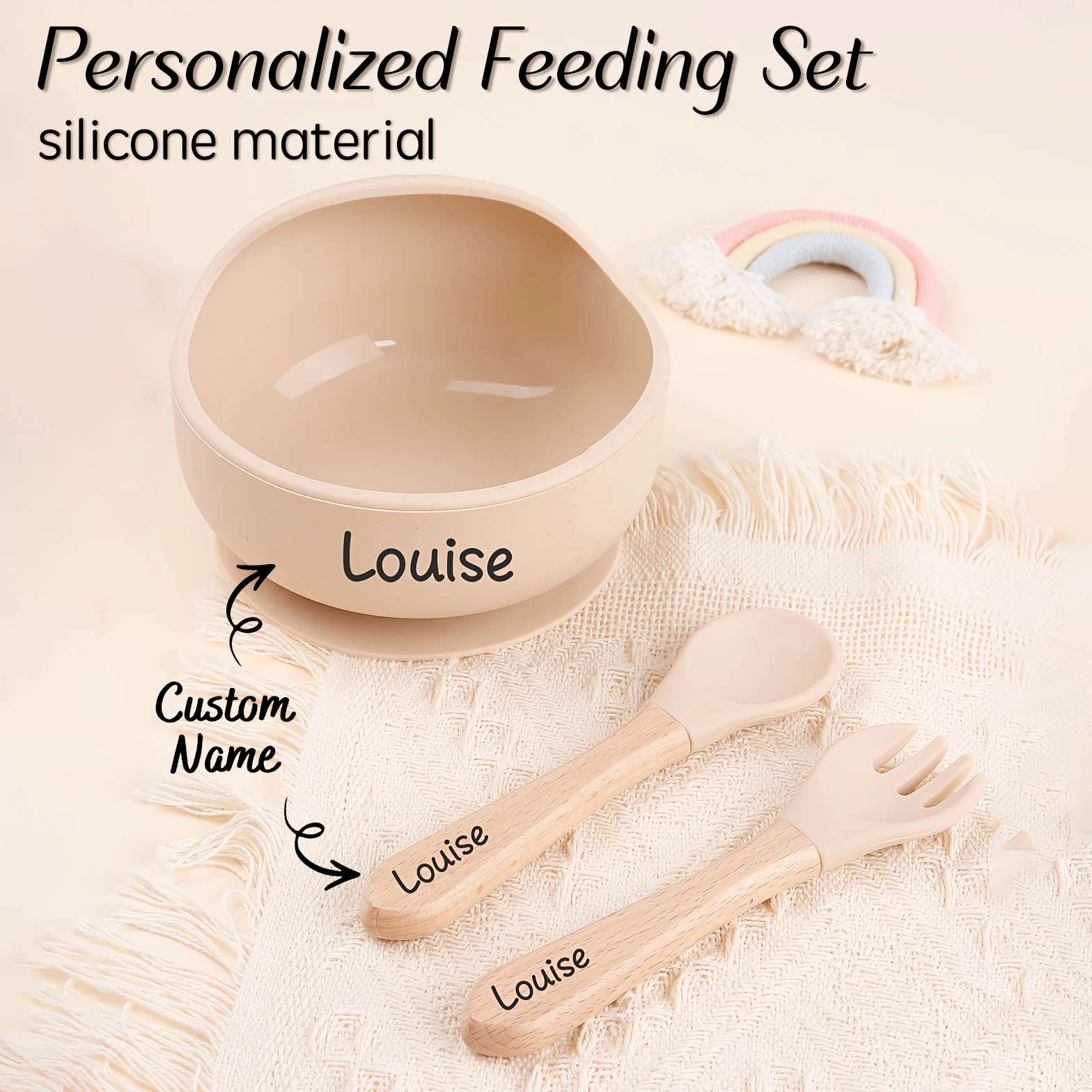 3pc Personalized Silicone Baby Weaning Set,Feeding Set, Bowl Set with Name, Baby Shower Gifts, Engraved Silicone Bib for Toddler