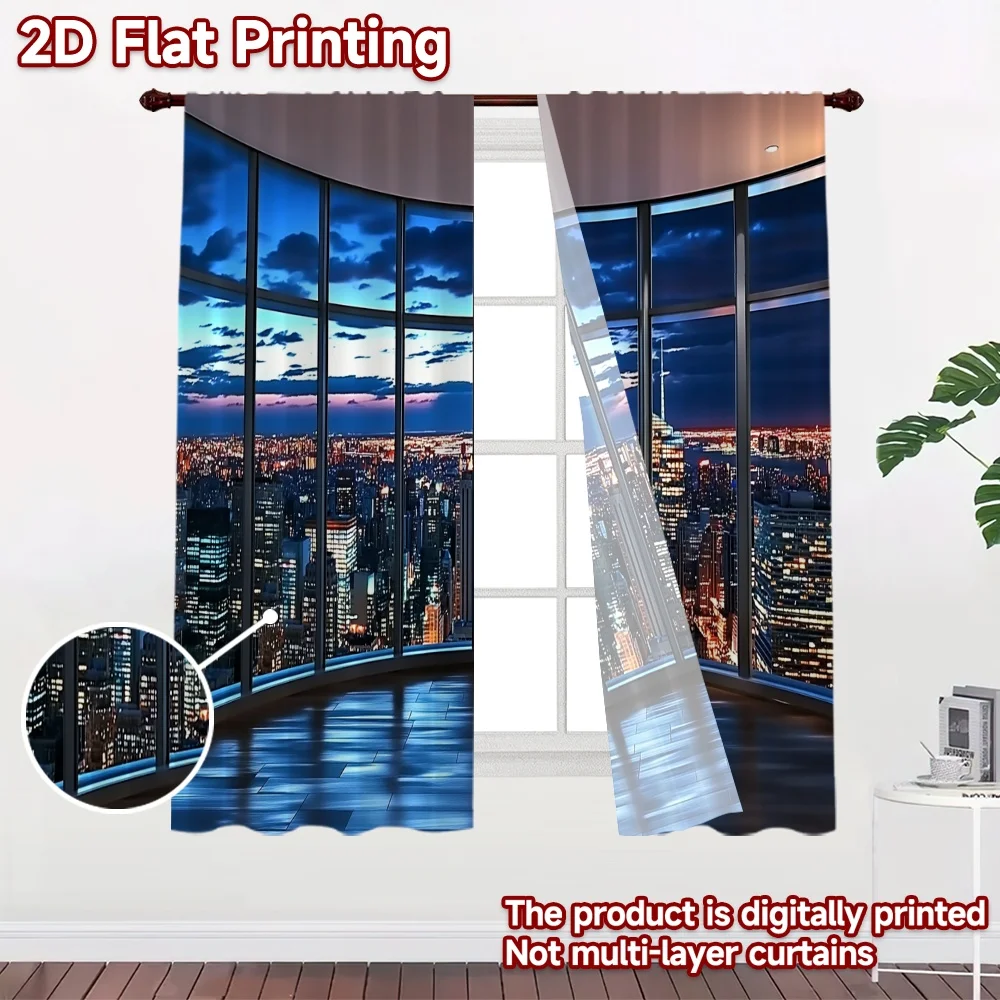 2D flat 2pcs Curtain French Romantic Style Twilight City Skyline View Digitally printed polyester, colorfast Party & Holiday