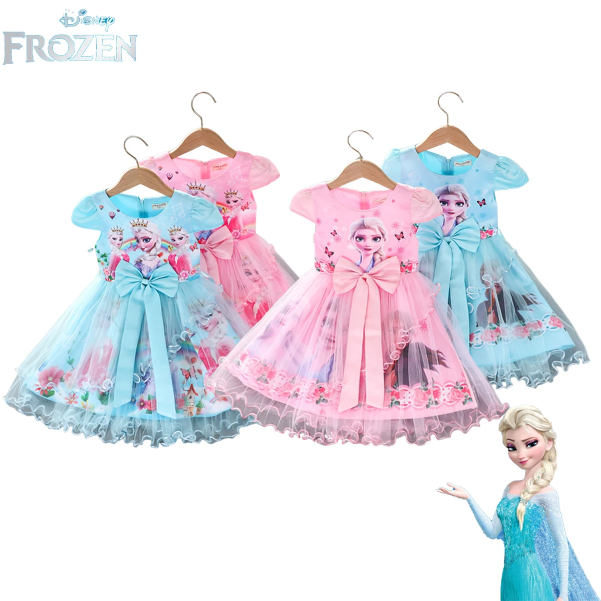 

2024 Summer Frozen Elsa Anna Princess Dress for girls Pretty Korean Kid Birthday Party Costume Vestidos Bow Tie Outfits Clothing