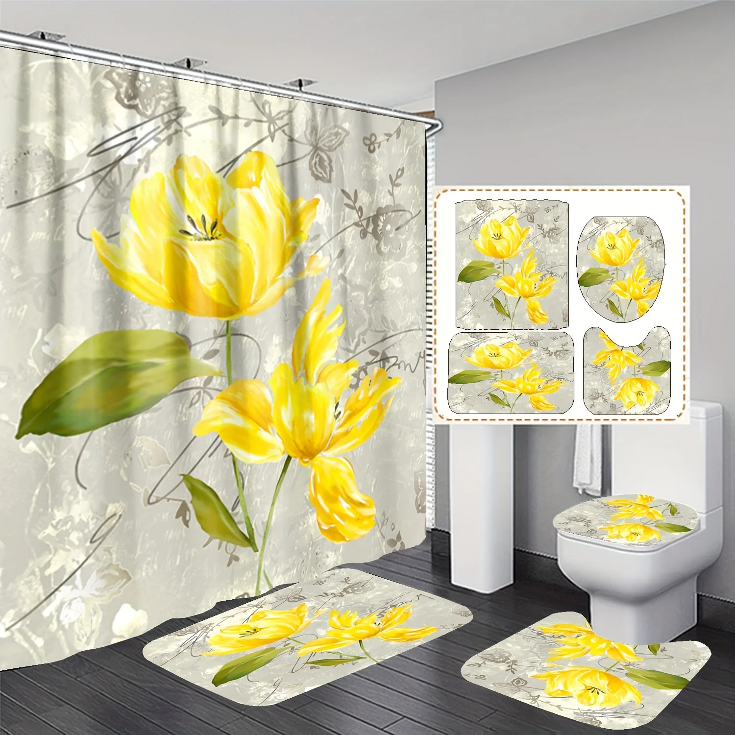 

4pc Vintage Yellow Floral Bathroom Set - Machine Washable, Includes Curtain with Grommets, Toilet Seat, Bath Mat and Base Rug