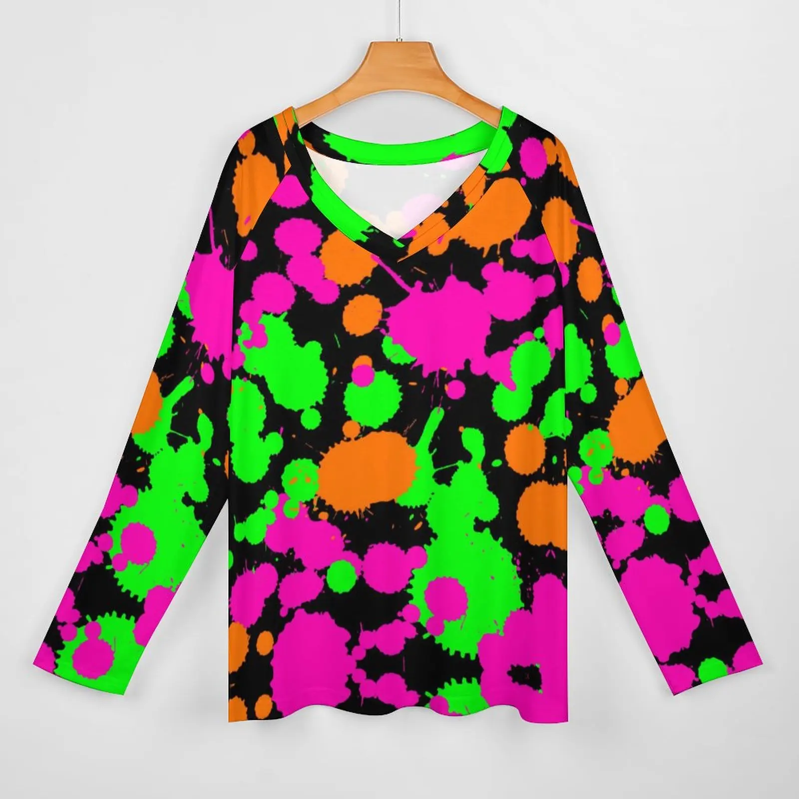 Neon Paint T-Shirts Graffiti Splatter Print Casual Loose T Shirt Long Sleeve Y2K Design Tee Shirt Women Clothing Large Size