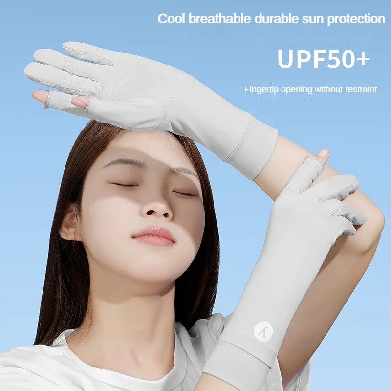 Spring Summer Mid-length Sports Ice Silk Cool Touch Screen Fingerless Riding Driving UV Protection Sun Protection Gloves Women