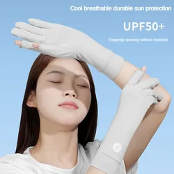 Luvas esportivas de comprimento médio feminino, seda gelo, tela sensível ao toque, equitação sem dedos, dirigindo, proteção UV, proteção solar, primavera, verão