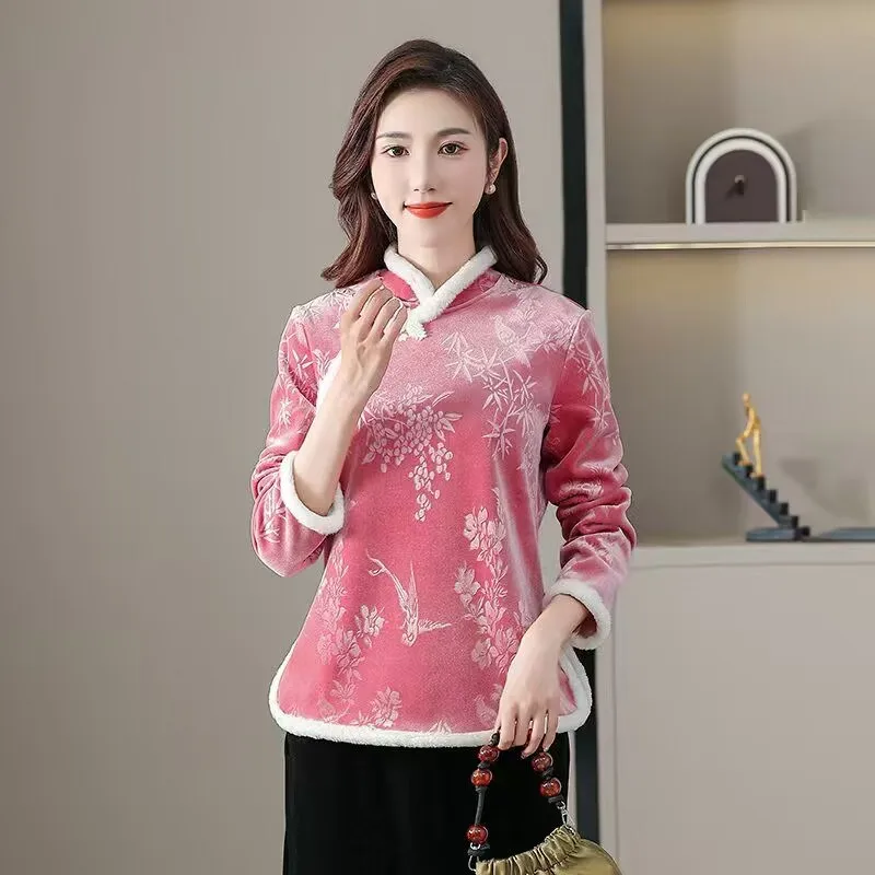 

Women's Vintage Floral Tang Suit Jacket Canary Velvet Thicken Coat Fleece Warm Clothes for Mother Cheongsam Autumn Winter 2025