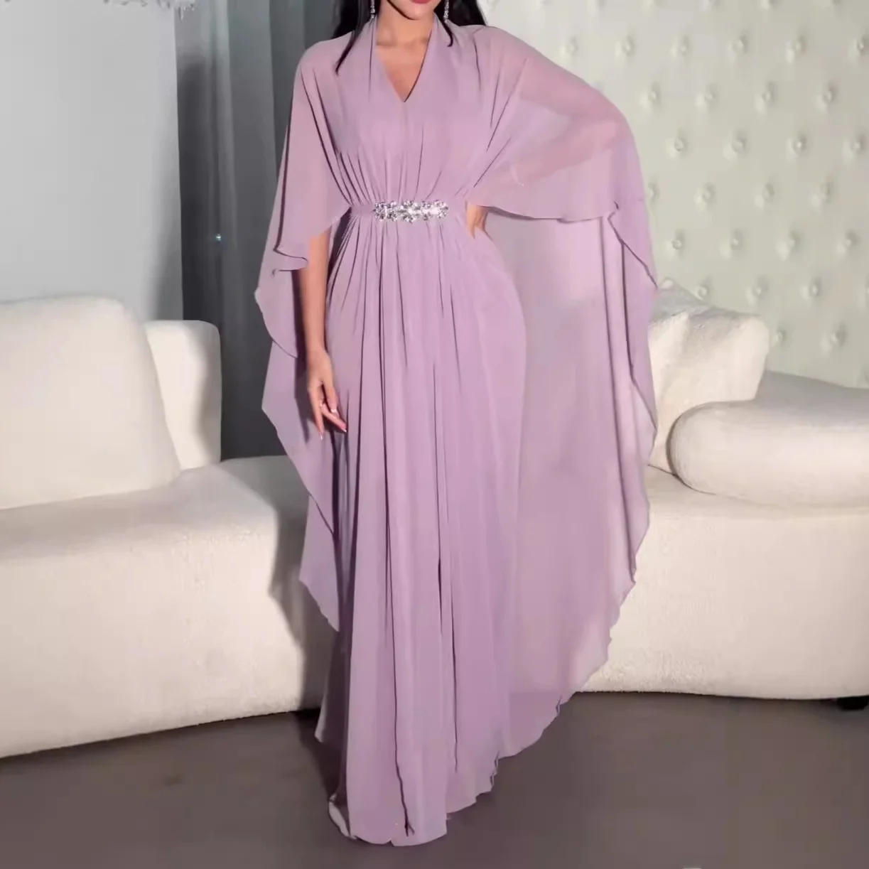 

Элегантное однотонное макси-платье с V-образным вырезом и завышенной талией, длинное, А-силуэта, для женщин, с высокой талией, вязаное