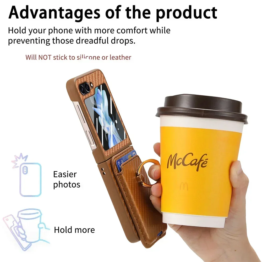 Magnetic Wallet Phone Case for Samsung Galaxy Z Flip 7 FE 6 5 4 PU Leather Cover Detachable Carbon Fiber Card Screen Protector