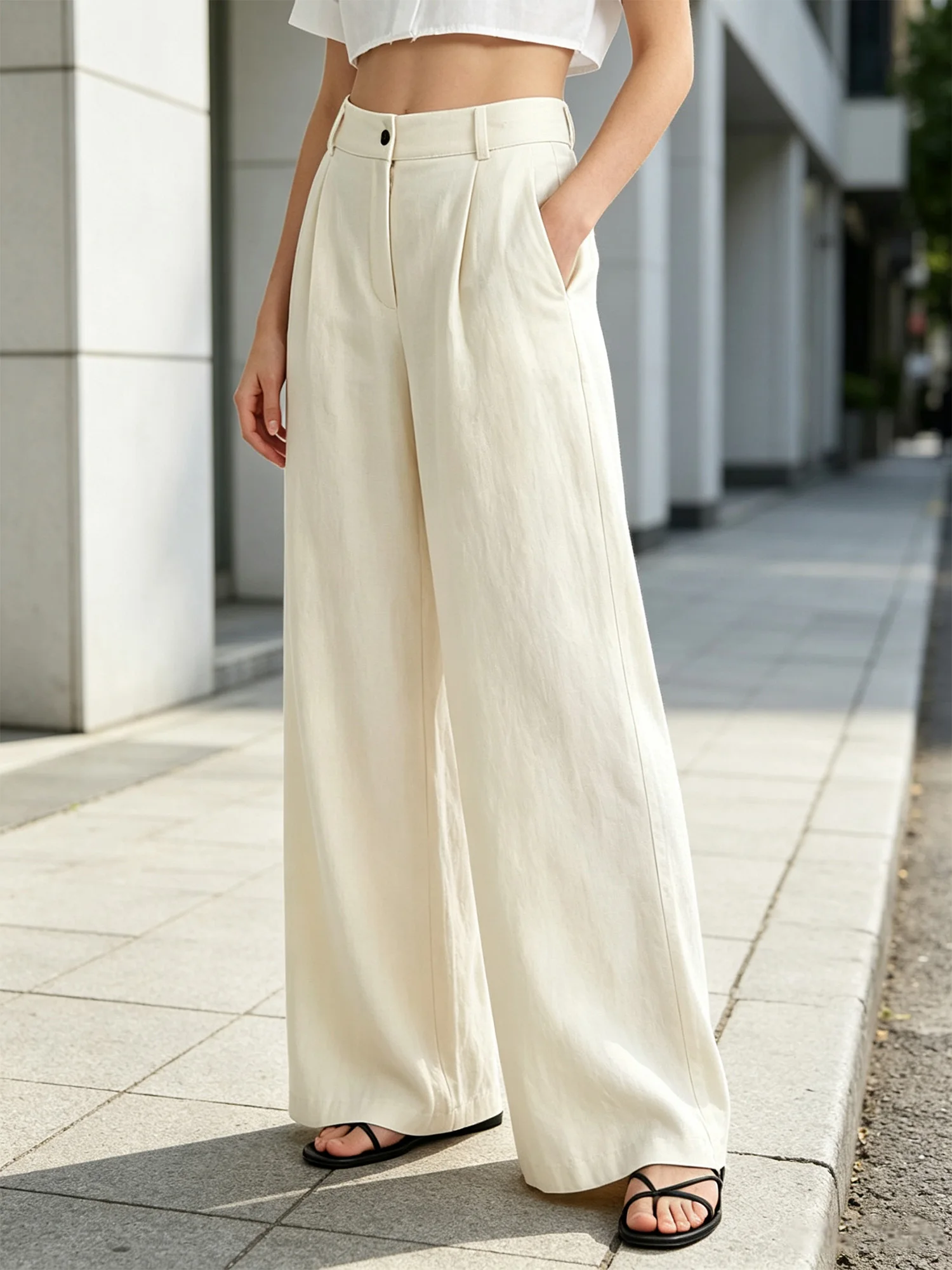 Women Casual Wide Leg Pants with Pockets High Waist Anti-wrinkles Solid Color Trousers for Office Work Beach Vacation Shopping
