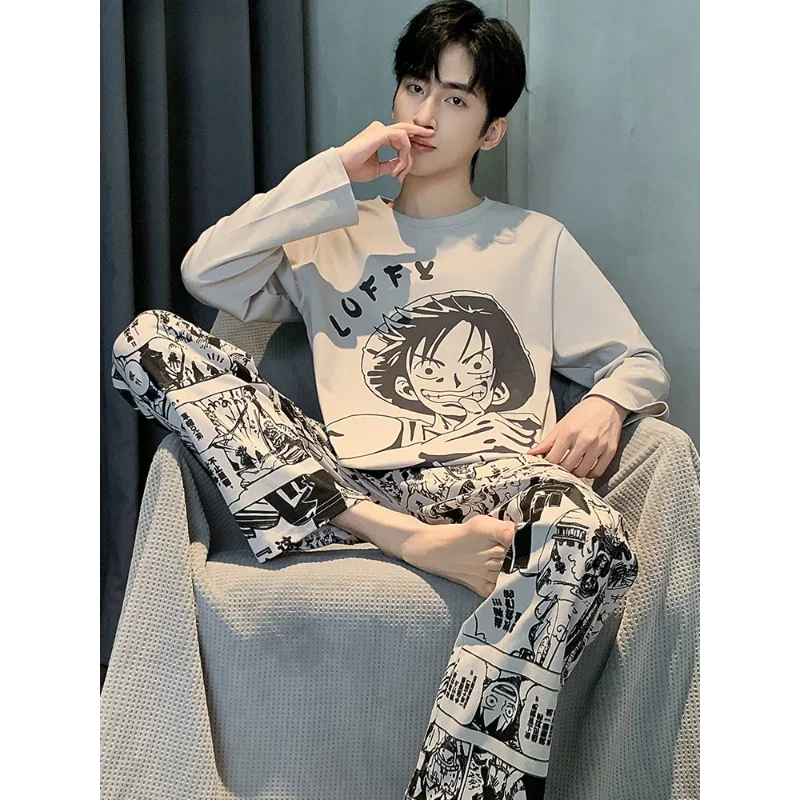 ONE PIECE Luffy autumn pure cotton long-sleeved trousers men\'s pajamas cartoon loungewear two-piece set silk pajamas men\'s