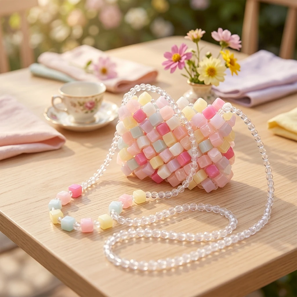 Candy Color Beaded Bag Mini Crossbody Purse Handmade Acrylic Beads Shoulder Bag Niche Design Lipstick Coin Bag