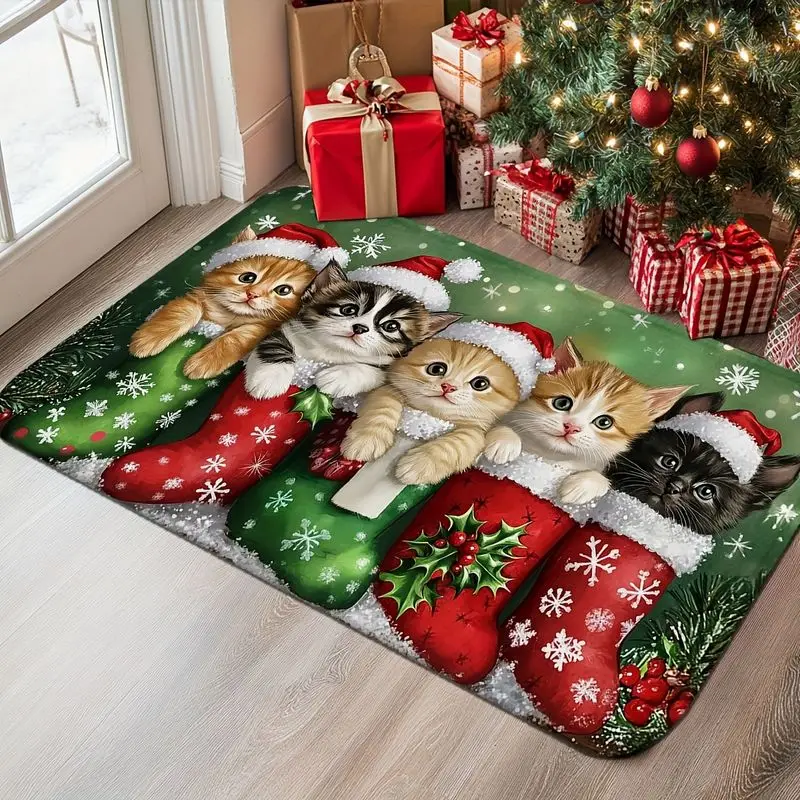 VIKAMA Christmas Kitchen Mat Cat Stocking Print Non Slip Rug for Kitchen Floor Home Holiday Cute Cozy Decor Water Absorbing