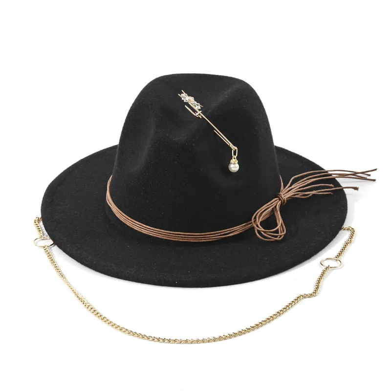 Autumn Winter New Fedora Hat Unisex RUS Pearl Chain Decorated Fashion Panama Hat Outdoor Casual Top Hats