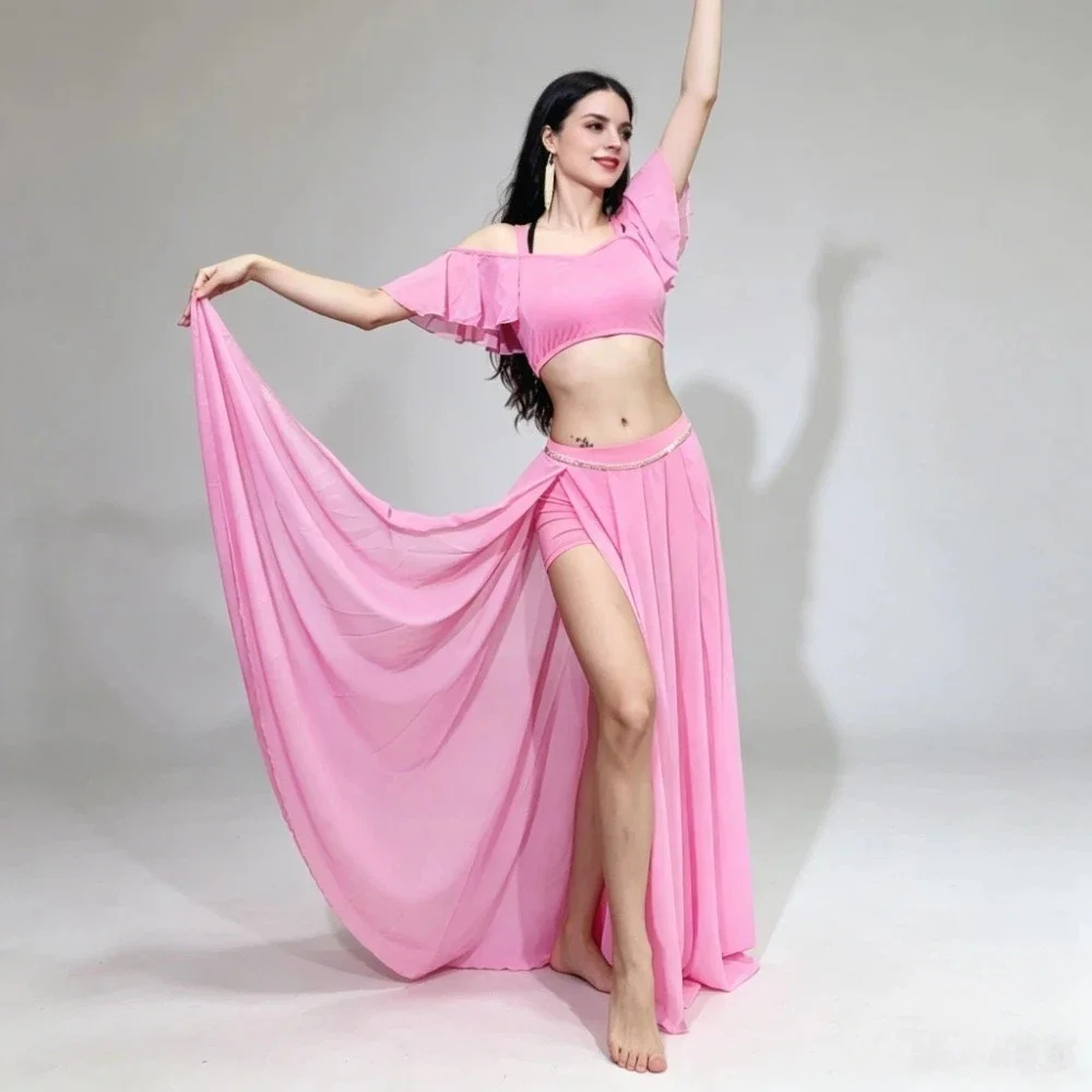 Summer Chiffon Belly Dance Costume Set, Double Slit Big Swing Maxi Skirt, New Oriental Dance Outfit For Training Stage Performan