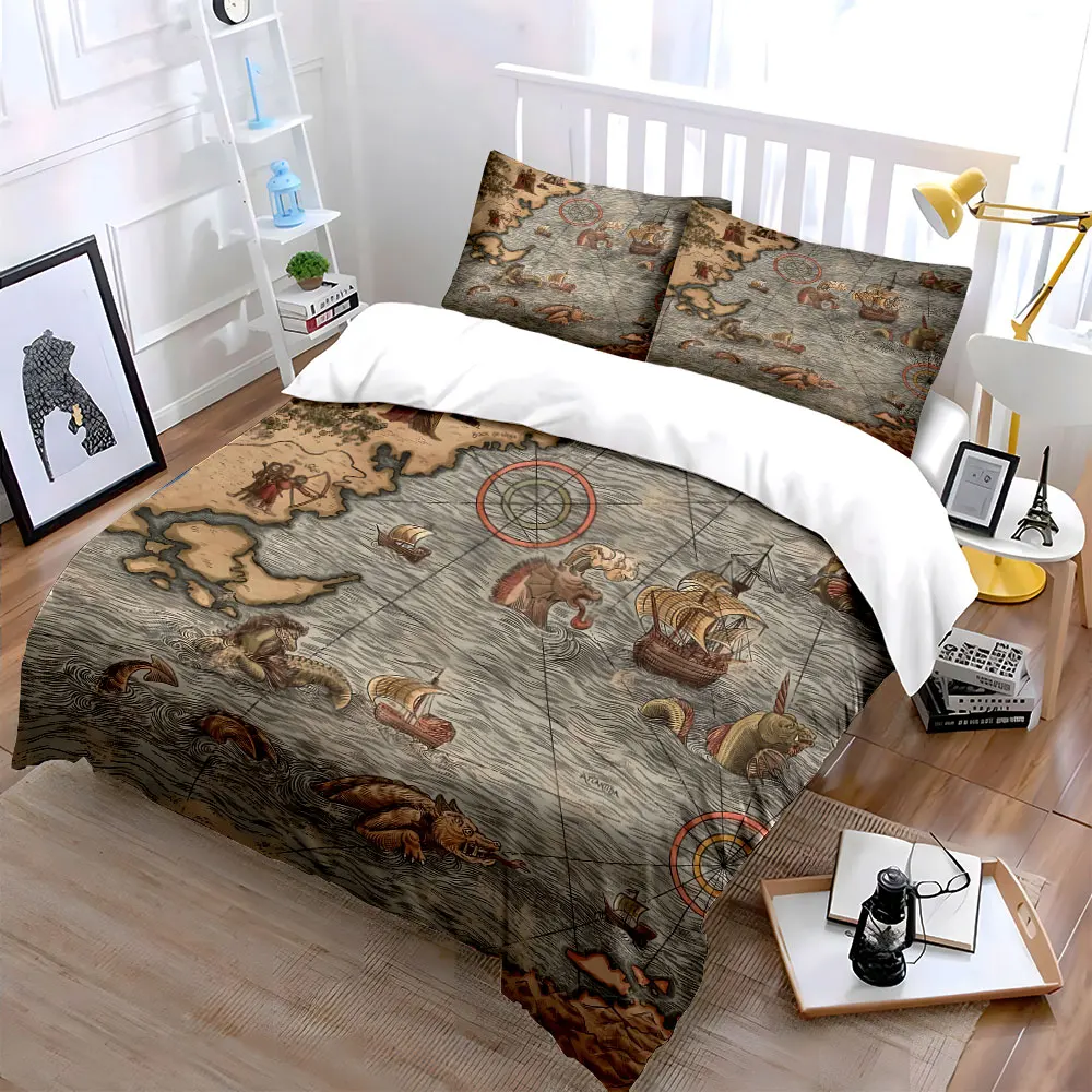 Monsters and Ships on Ancient Map Print Soft Comfortable Duvet Cover Bedding Set Included 1*Duvet Cover 2*Pillowcases