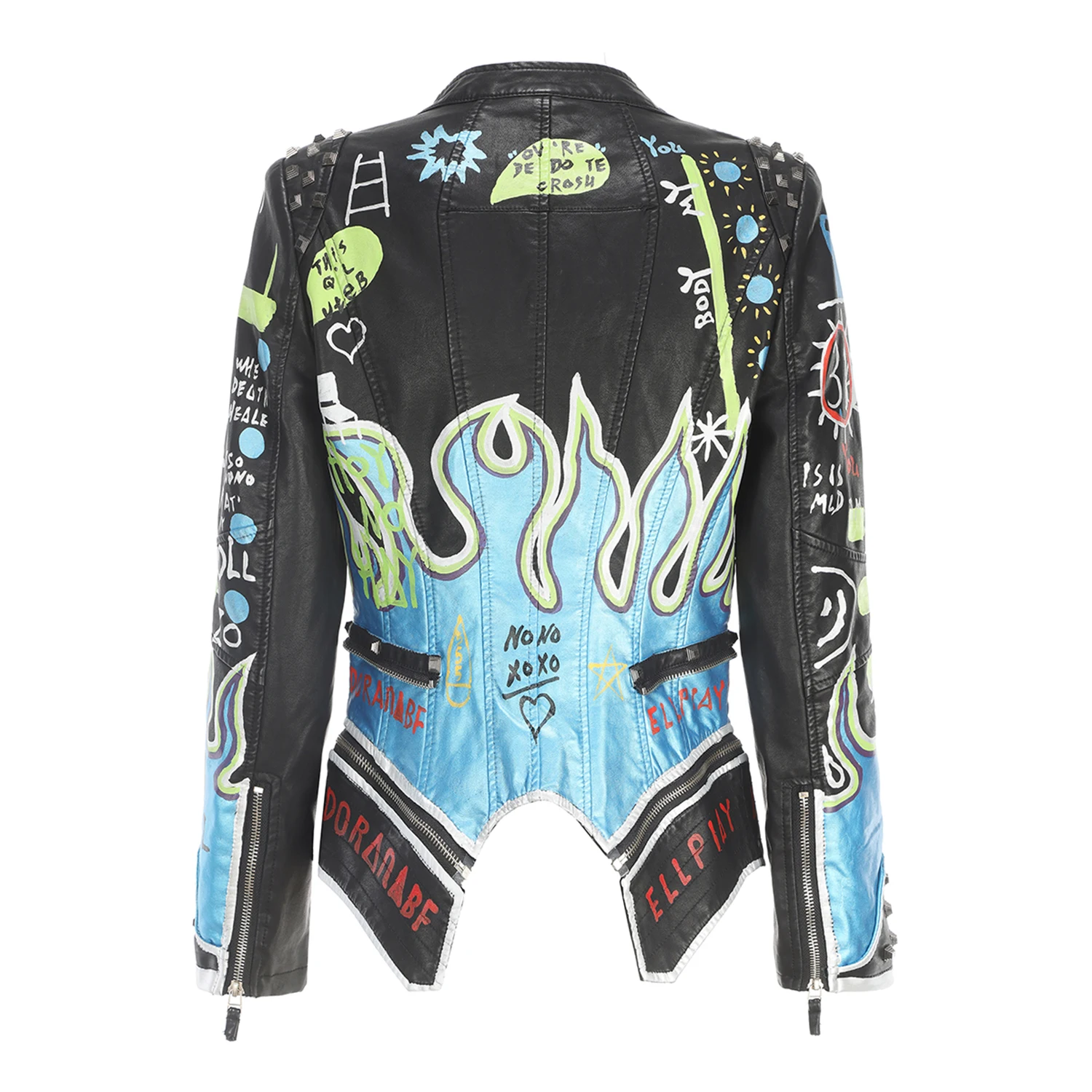 Jaket Wanita Motif Grafiti Floral, Kulit Imitasi, Berhias Paku dan Rivet, Kerah Pendek, Model Slim Fit, Gaya Streetwear