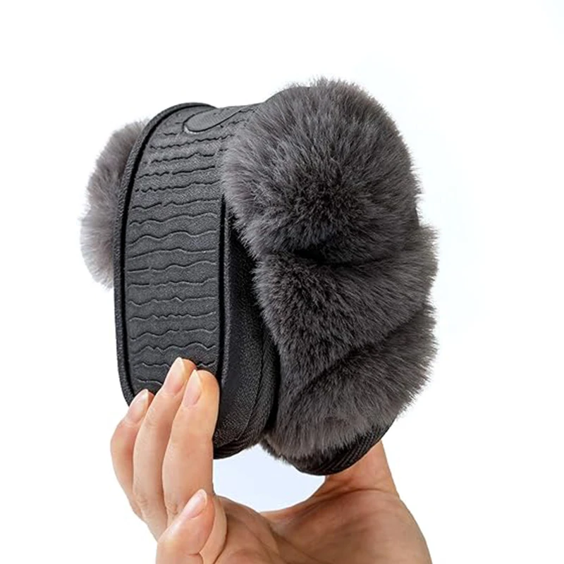 Women\'s Artificial Fur Slippers Cross Band Open Toe Breathable Plush Fluffy Home Grey Slippers