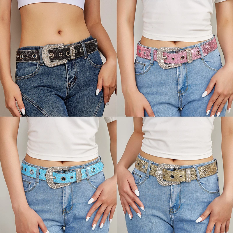 

Shining for Rhinestone Belts Women PU Leather Strap for Rhinestone Belts Western Cowboy Y2K Girls Fashion Belt for Jeans Men
