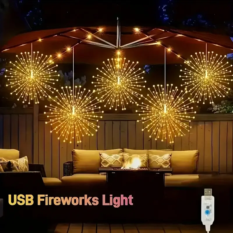 2/4pcs USB Firework Light Strings LED Fairy Lights with 8 Lighting Modes IPX-4 for Garden Wedding Christmas Party Decoration