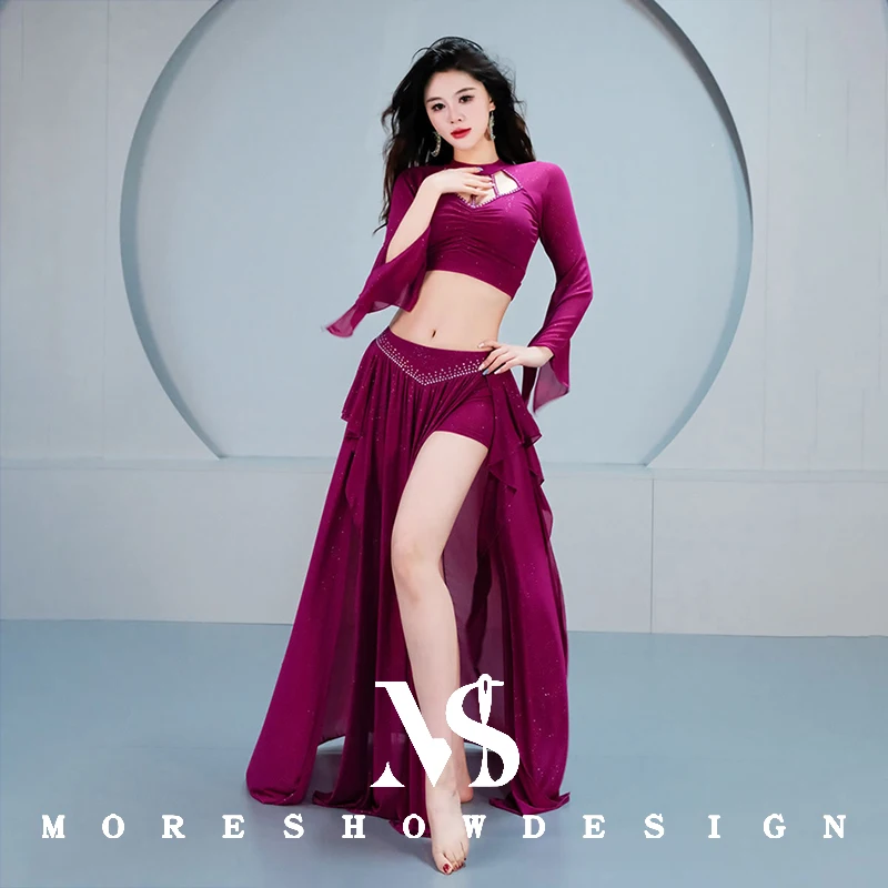 

Belly Dance Costumes for Women Lotus Leaf Ribbon Dance Wear Top + SKirt Long Sleeve Outfits Stage Performance Clothings Suits