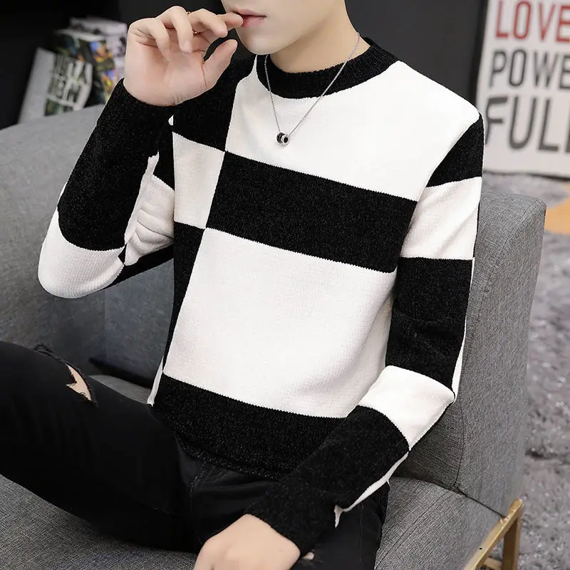 2024Autumn Winter Men Korean Fashion Contrast Color Basic Knitted Sweater Male O Neck Long Sleeve Slim Pullover Tops Ropa Hombre