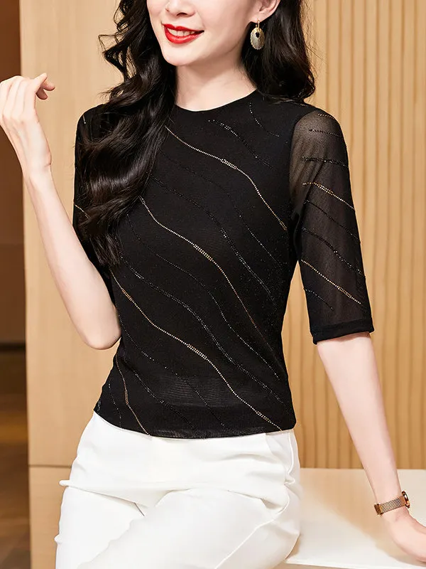 Camiseta Feminina Elegante com Base em Tela, Ajuste Slim, Detalhes em Diamante, Manga Curta, Gola Redonda, Moda Verão