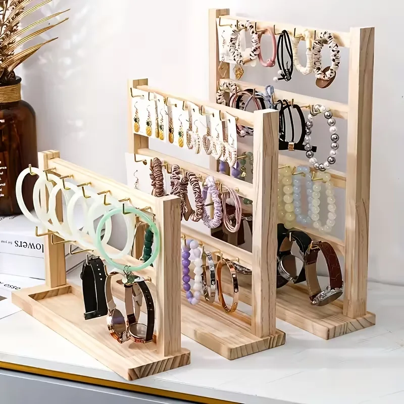 

Wooden earrings display rack with metal hooks and L-shaped country jewelry storage rack, suitable for exhibition shops.