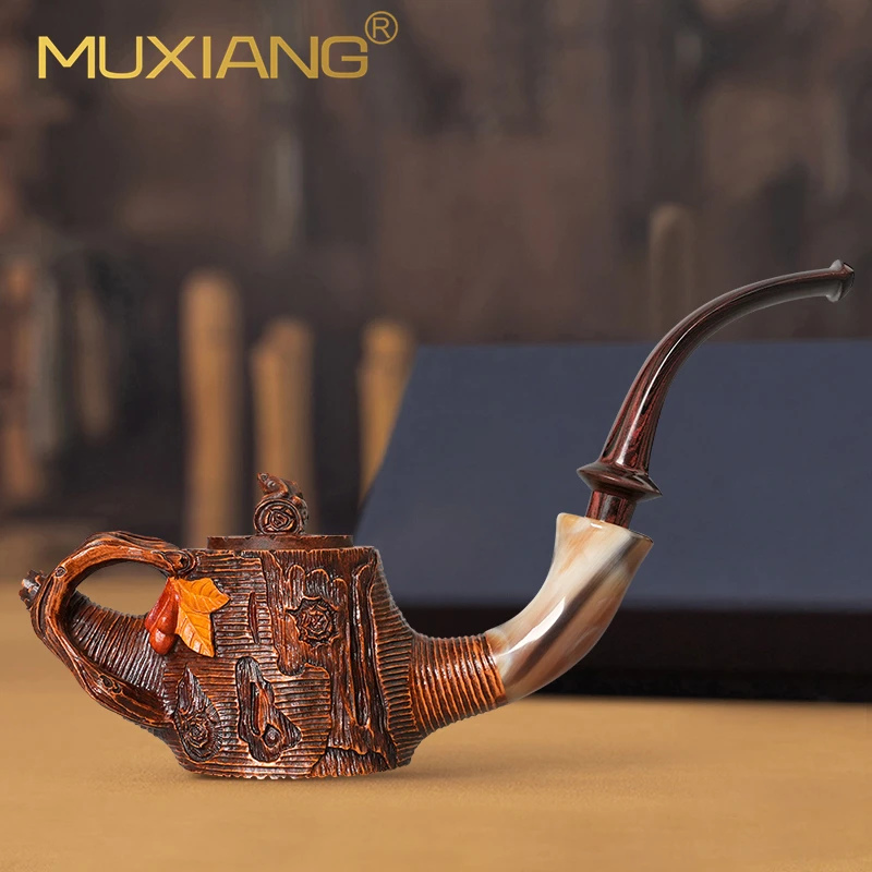 

MUXIANG briar wood tobacco pipe hand-carved pipe father's day gift detachable solid wood bowl freestyle flower and bird pipe