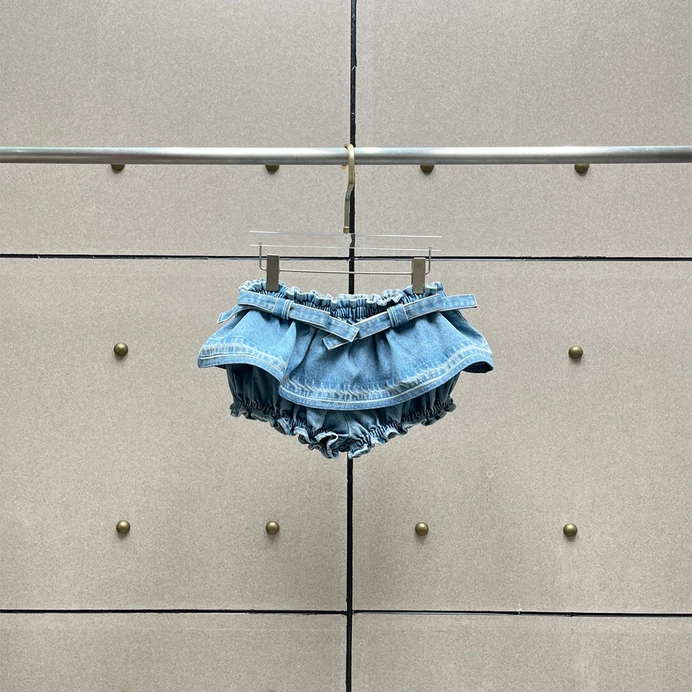 Women's 100% Cotton Denim Shorts, Ruffled Tiered Mini Skirt Style Bloomers, Elastic Waist Belted Short Pants, Y2K Streetwear