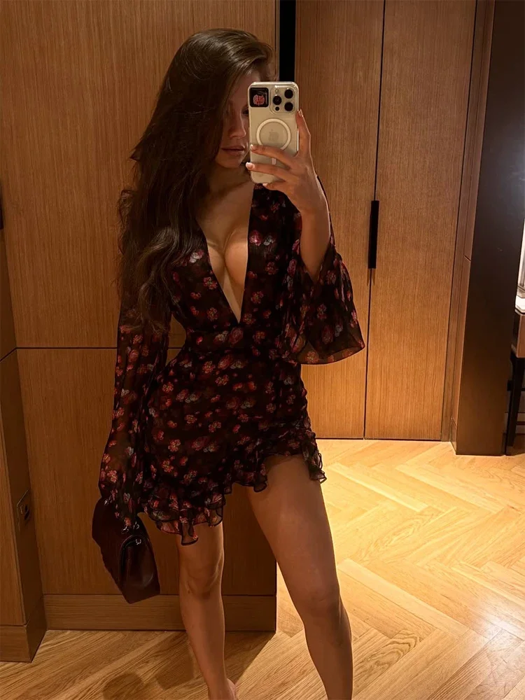 Vintage Flora Printed Dress Deep V Neck Tierred Purple Long Sleeves Ruffle 2026 Summer Women Slim Sexy Chiffon Cool Mini Dress - Image 6