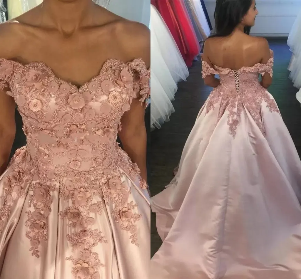 Elegant Nude Pink Princess Quinceanera Dresses Off Shoulder Flowers Satin Backless Sweet 16 Wear Vestidos De 15 Años Custom Made