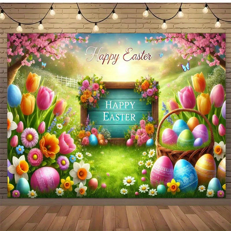1, Polyester-Partybanner „Ostern Happy Spring“-Szene – Helles Blumen- und Osterei-Design, Polyesterfaser, Heimdekoration