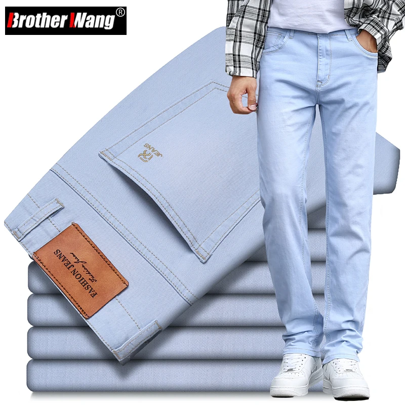 

2023 Spring Summer New Men's Sky Blue Slim Stretch Jeans Classic Style Fashion Casual Denim Pants Male Brand Trousers