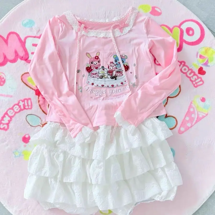 Japanese Cute Core Cartoon Mp Printed Long Sleeved T-shirt + Solid Color Puff Mini Skirt 2 Piece Sets Womens Outfits Y2k Suits