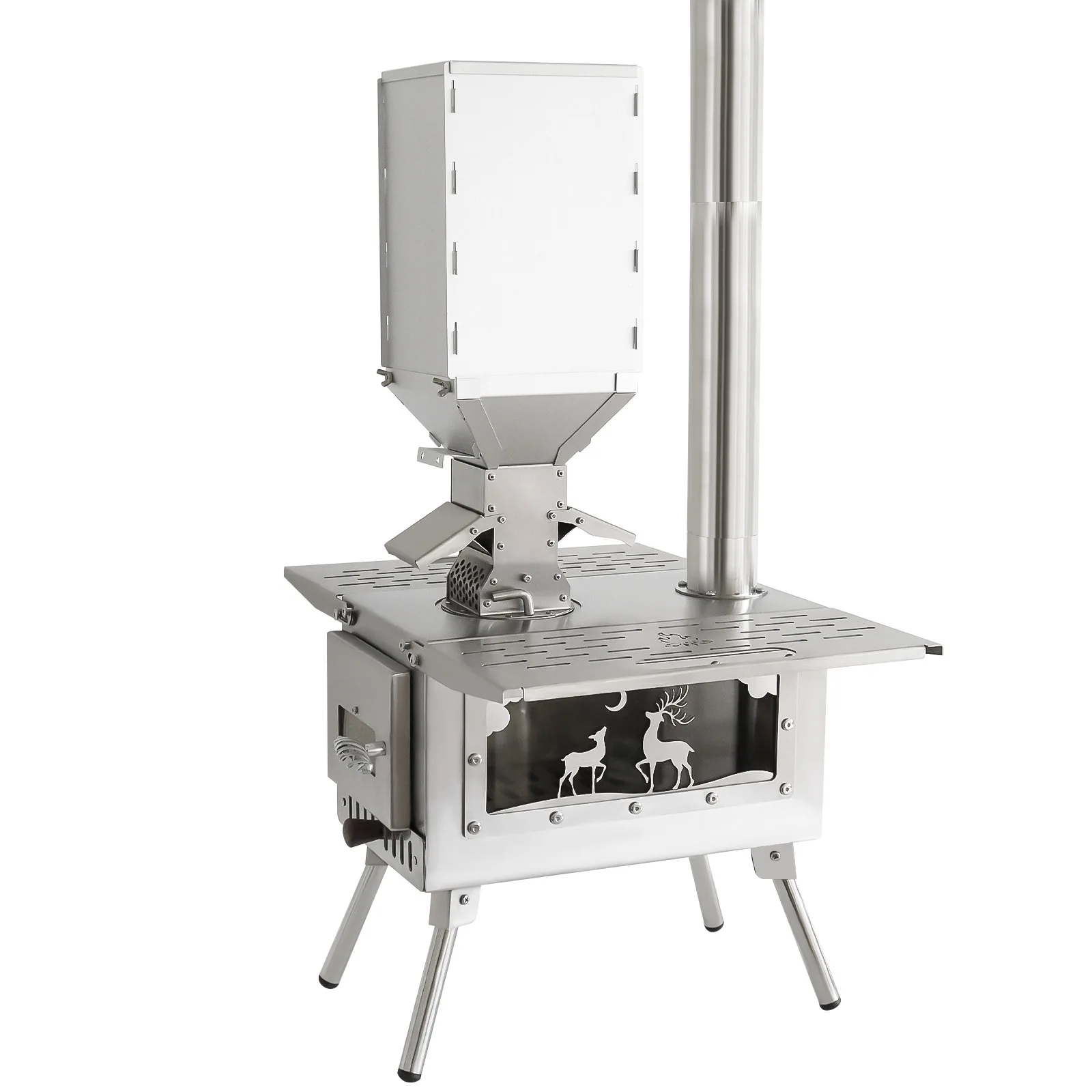 موقد حرق الخشب المحمول من الفولاذ المقاوم للصدأ، موقد خيمة ساخن مع أنبوب مدخنة، موقد بيليه للطهي في الهواء الطلق والمشي لمسافات طويلة