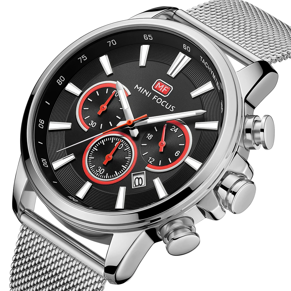 MINI FOCUS MF0142G Men Sports Quartz Watches Waterproof Chronograph Luminous With Mesh Stainless Steel Strap Watch