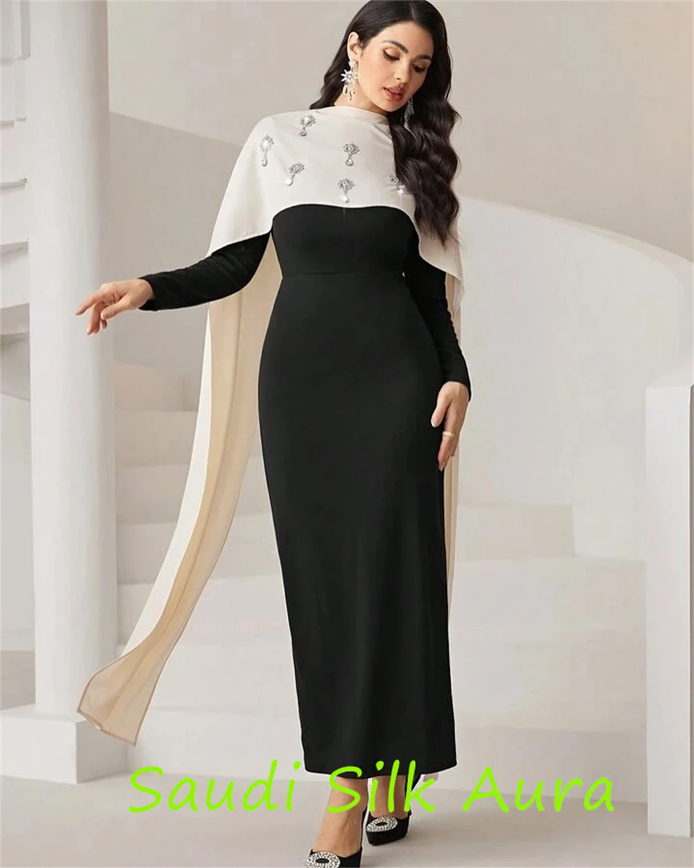 فستان سهرة فاخر من الجيرسيه باللون الأسود مخصص رائع بياقة عالية وأكمام طويلة للحفلات عالي الجودة مستقيم Pr #3