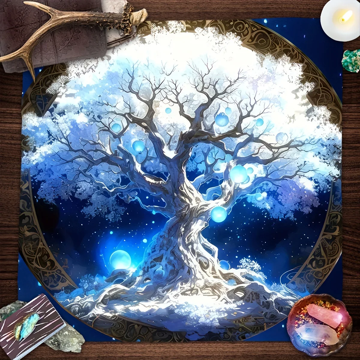 Blue Tree‑of‑Life Mandala Tarot Tablecloth, Night‑sky Tree Altar Cloth, Tarot Card Table Cover for Bedroom & Home Decor