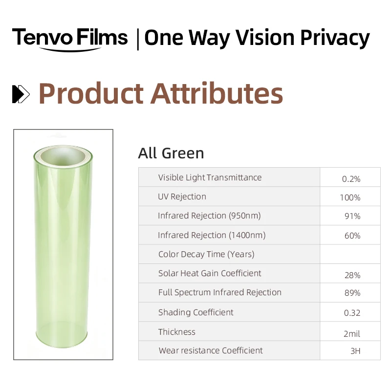All Green Window Tint Roll PET Material One Way Privacy Heat Rejection Anti Glare Solar Control For Household Automotive Window