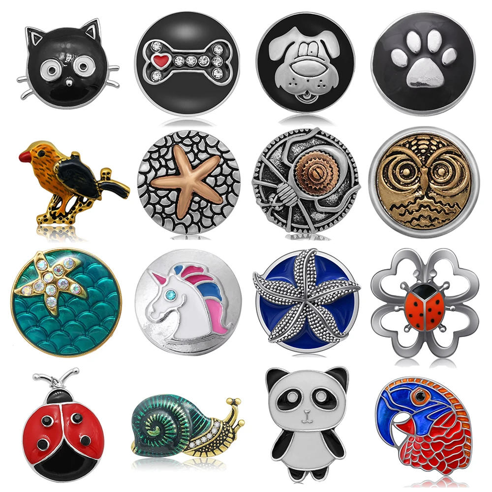 Colorful Drip oil Animals button Cat Footprints Bird Ladybug Panda Snail 18mm snap buttons for 18mm snap jewelry Accessories