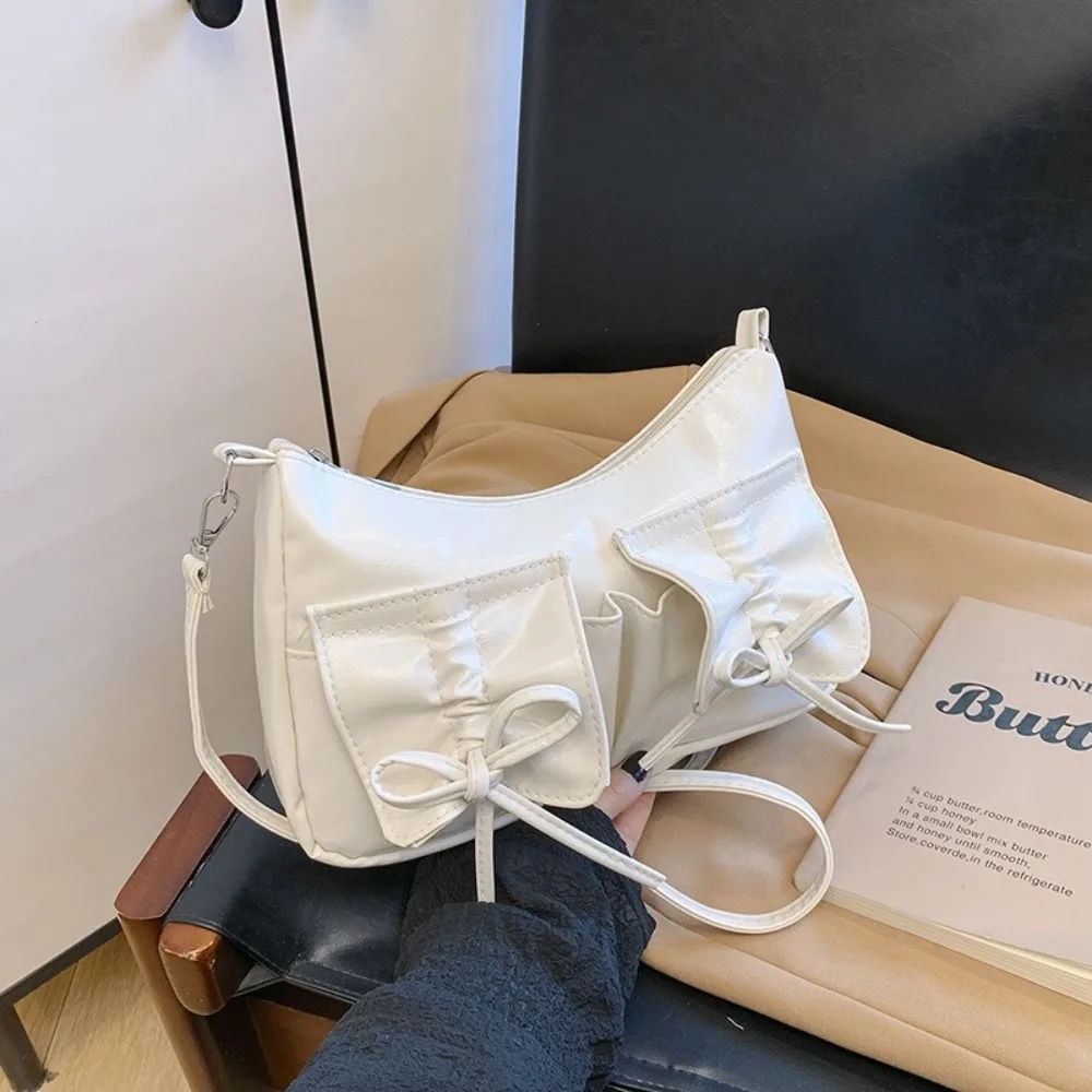 

Портативная сумка через плечо в корейском стиле с бантом, плиссированная сумка через плечо Y2k с рюшами и ремешком на шнурке, однотонная сумка для пельменей из искусственной кожи для девочек