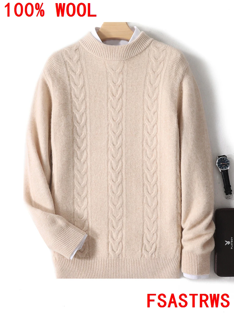 

New Chic100% Australian Wool Sweater O-Neck Long Sleeve Pullover Men Autumn Winter Cashmere Jacquard Knitwear Leisure Exquisite