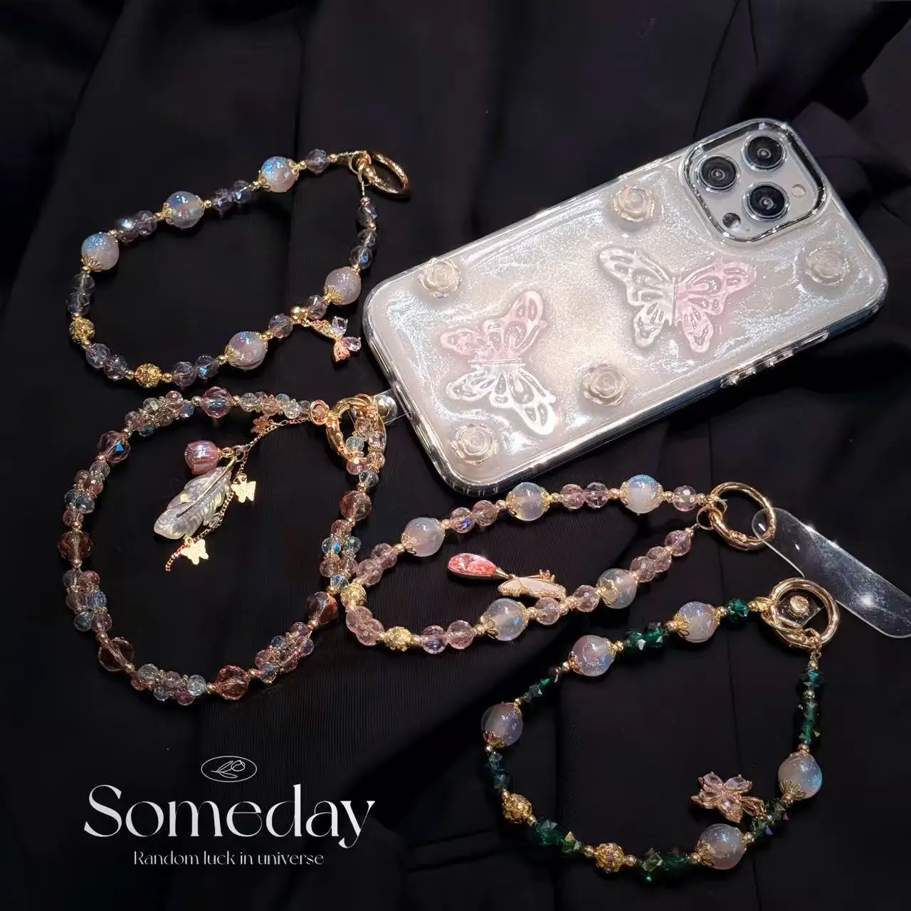 Luxury Sparkle Butterfly Rhinestone Bead Phone Bracelet Strap Charm Chain Knot Cellphone Lanyard Anti-Lost Handmade phone chain
