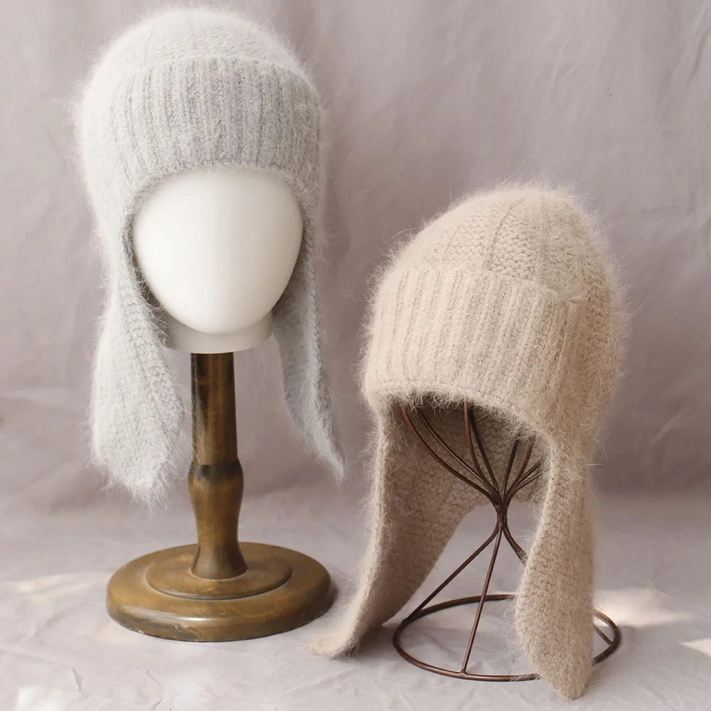 2025 Fashion Women Winter Rabbit Fur Warm Hat Fur Ear Flap Cap Angora Knitted Hat Skullies Beanies Female Bonnet Woman Knit Cap