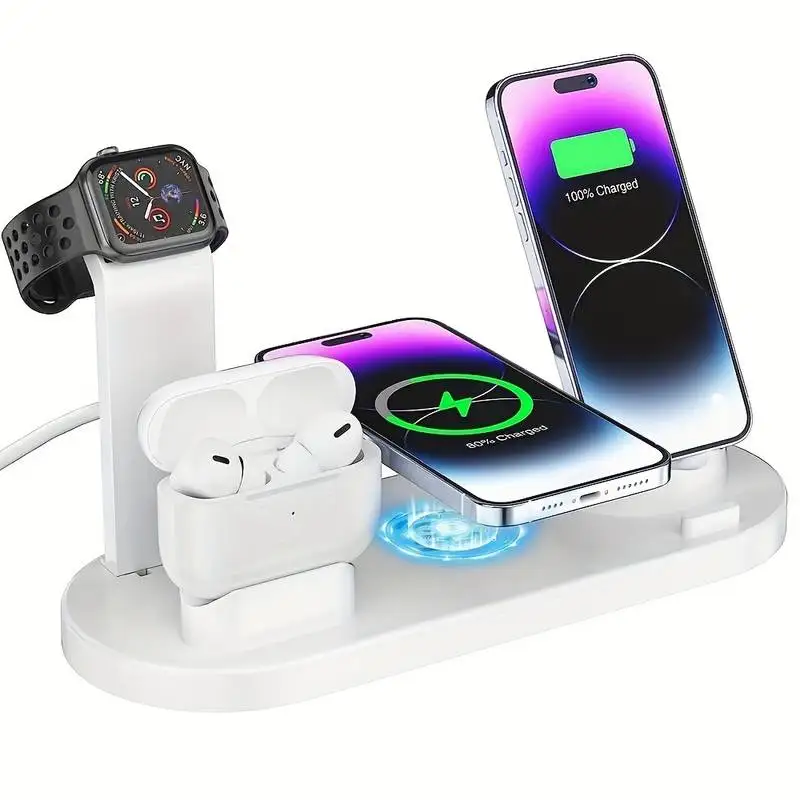 Беспроводное зарядное устройство 5 в 1 для iPhone Airpods Apple Watch Бренд LEEOUDA с держателем кабеля-индикатора USB-кабель...