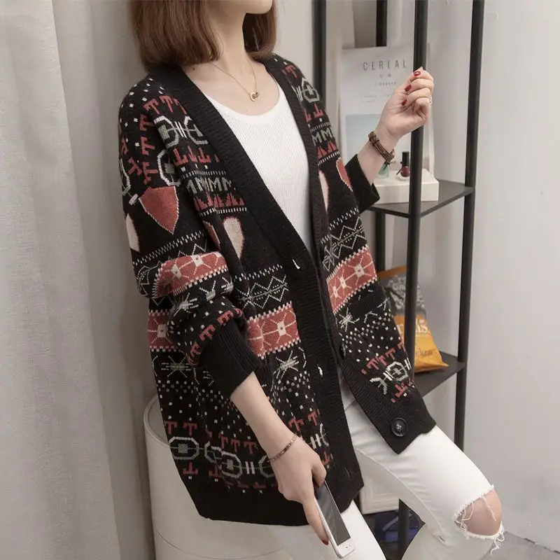 2023 Winter Women Vintage Jacquard Single Breasted Outewear Knitted Cardigan Female Casual V Neck Long Sleeve Loose Sweater Coat