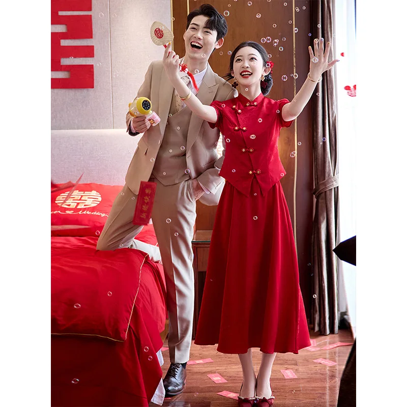 

Yourqipao Red Cheongsam New Chinese Suit Toast Suit Bride Wedding Engagement Dress Women Engagement Qipao