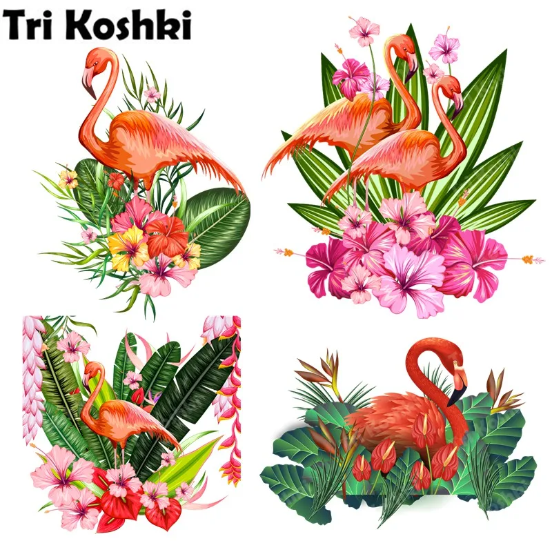 Tri koshki RC019 Flamingo Bird and Tropical Flowers Wall Sticker Waterproof PVC Decoration Door Living Room Kids Room